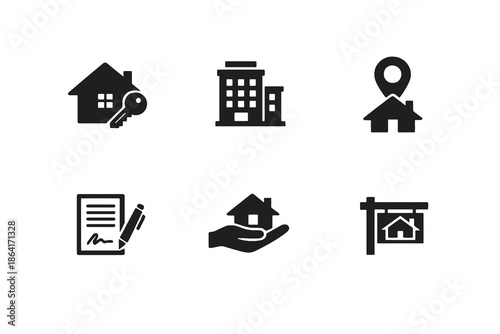 Property and housing icon set in black flat vector style. Clean real estate symbols for listings websites, apps, and digital property management platforms.