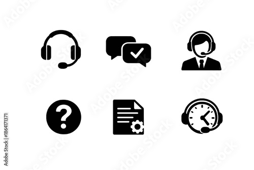 Client service and help center icon set in black flat vector style. Clean customer support symbols for websites, apps, and professional service platforms.
