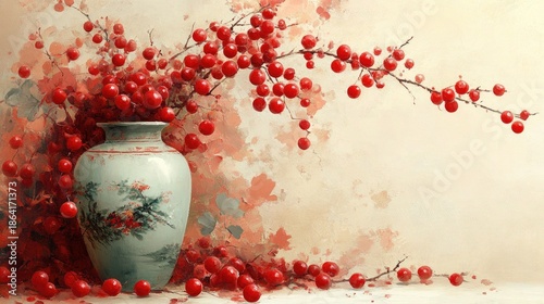 Hand painted light blue vase with red berry branches in painterly style. This could be used for holiday, festive, or seasonal greeting cards.