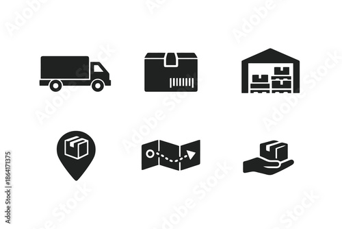 Shipping and supply chain icon set in black flat vector style. Clean logistics symbols for delivery platforms, websites, and digital operations interfaces.