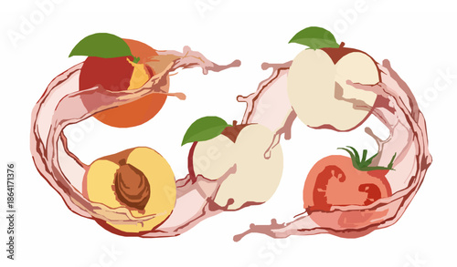Realistic ripe fruits in juice splash 3D vector illustration set