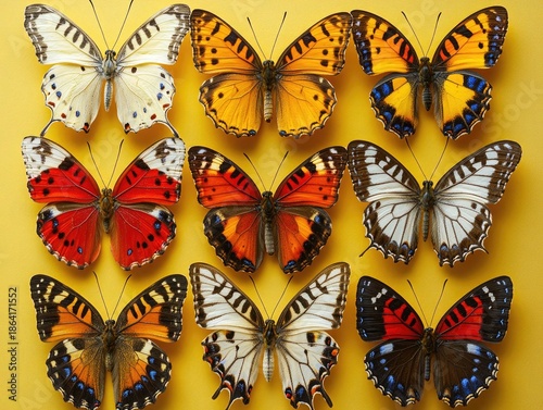 Nine colorful butterflies are arranged on a yellow background in a close-up shot. Great for nature, science, or educational projects needing butterfly illustrations.