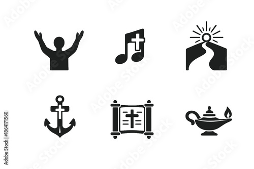 Faith and worship icon set in black flat vector style. Clean religious symbols for praise content, spiritual planning, websites, and digital faith platforms.