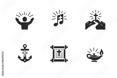 Religious worship and faith journey icon set with praise, trust, guidance, and scripture symbols. Black flat vector icons for devotion apps, church media, and spiritual UI design.