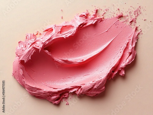 Smear of pink lipstick or clay mask on nude background. For beauty blogs, cosmetics ads, or skincare product mockups.