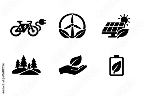 Nature and clean energy icon set in black flat vector style. Eco-friendly symbols for sustainability projects, websites, apps, and environmental platforms.