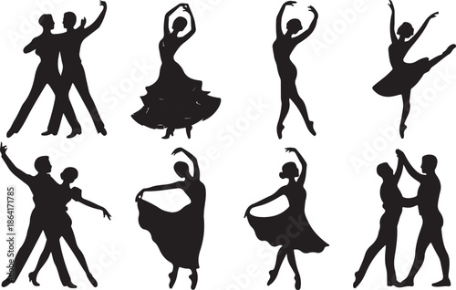 Dance silhouette vector set featuring ballroom, flamenco, and ballet poses with elegant movement, costume detail, and expressive posture art