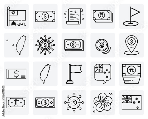 Taiwan'S National And Financial Identity, Showcasing Its Flag, Emblem, And New Taiwan Dollar Coins And Bills.