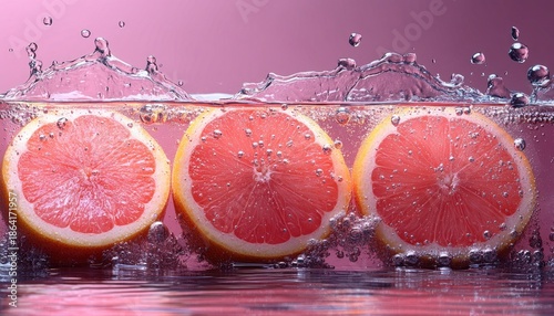 Three grapefruit halves float in pink water with bubbles and a splash. Use for drink ads, healthy food promotions, or summer-themed visuals.