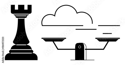 Strategy, fairness, justice, decision-making, equality, cloud computing. Chess rook beside balanced scales under a cloud. Strategy and fairness with symbolic elements