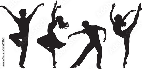 Dynamic silhouettes of diverse dancers expressing movement and grace in artistic poses vector