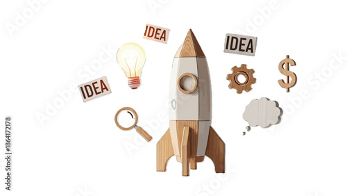 Wooden toy rocket surrounded by glowing lightbulb idea generation, magnifying glass exploration, dollar sign finance, and speech bubble concepts for startup launch.