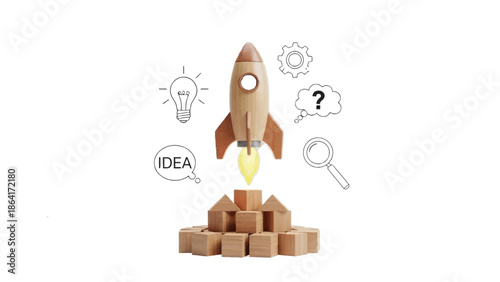 Wooden toy rocket launching from stacked building blocks symbolizing startup growth, innovation discovery, and successful business idea implementation processes