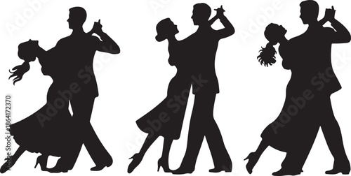 Elegant ballroom dancing couple silhouettes in formal attire performing tango, waltz, and classic poses for lifestyle, romance, and celebration themes