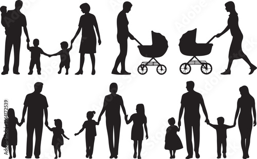 Family silhouettes with parents, children, and strollers in various poses for parenting, childcare, lifestyle, and character design projects