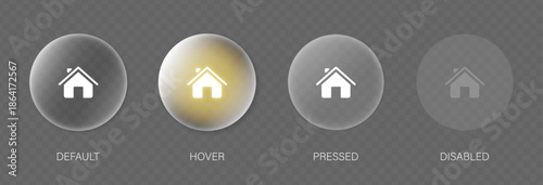 Liquid Neumorphic Glass morphism Button UI States Set with Normal Hover Active Selected and Disabled Modes In Transparent Background for Apps, Web Site, Interface, Dashboard and Control Panel Design.