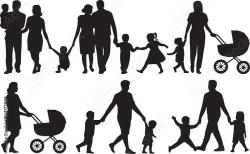 Family silhouettes with parents, children, and strollers in various poses for parenting, childcare, lifestyle, and character design projects
