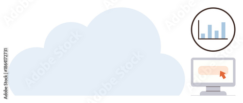 Cloud storage, data analytics, web management, digital communication, online services, remote access. Large cloud with a data chart and a computer screen. Cloud storage and data analytics