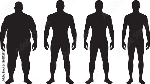 Four male silhouettes showing a progression from overweight to fit and muscular