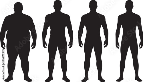 Four male silhouettes showing a progression from overweight to fit and muscular