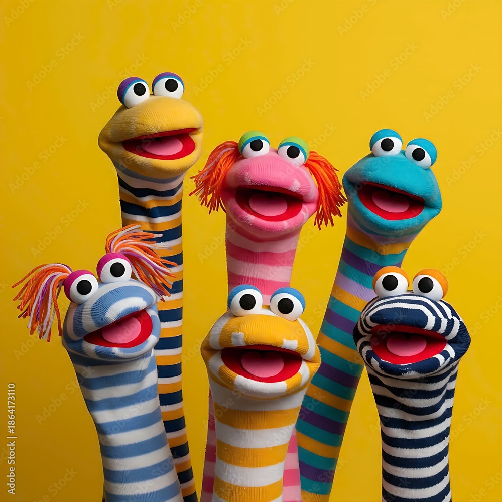 Naklejka premium diverse and colorful sock puppets arranged against a solid yellow backdrop, ideal for storytelling and youth media.