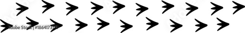 Diagonal path of duck footprints walking across the frame, black silhouette bird tracks isolated on white, nature and wildlife vector design.