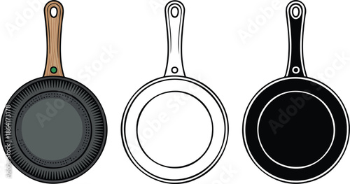 Frying pan silhouette & Outline and illustration set isolated on transparent background
