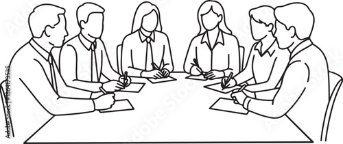 Group of people working continuous one line vector drawing. Students preparing to exams, doing homework hand drawn characters. Coworking. Job meeting, discussion