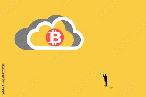 Businessman using a telescope to observe a distant cloud with a financial symbol. concept of market analysis, forecasting future trends, and strategic visionary leadership