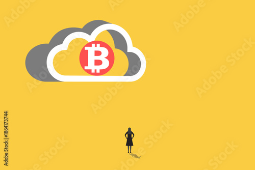 Business woman standing to observe a distant cloud with a financial symbol. concept of market analysis, forecasting future trends, and strategic visionary leadership