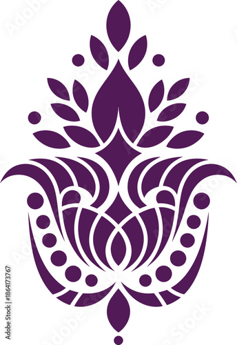 An abstract floral pattern featuring green leaves and elegant, swirling decorative shapes