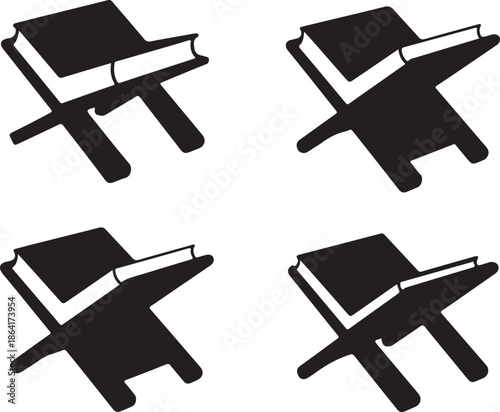 Four open books arranged in a grid pattern simple black and white design