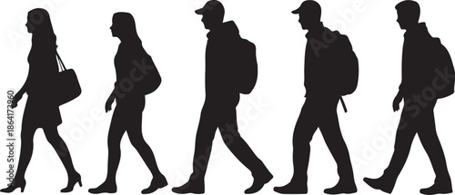 Group walking, silhouettes of people, carrying bags, backpacks, casual clothing, outdoor activity, diverse individuals, motion, urban lifestyle, travel, movement, teamwork