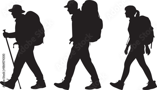 Hiking adventures await with these intrepid travelers ready to explore the great outdoors, vector silhouettes