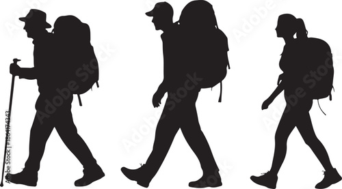 Hiking adventures await with these intrepid travelers ready to explore the great outdoors, vector silhouettes