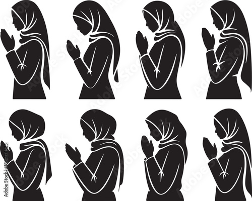 Diverse silhouettes of muslim women praying with hands clasped in devotion
