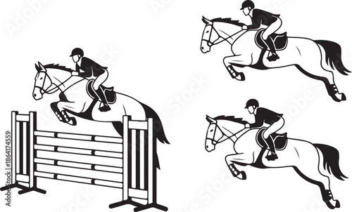 Horse and rider show jumping silhouettes in dynamic motion, equestrian sport illustration for competitive riding, athlete performance, and active lifestyle design