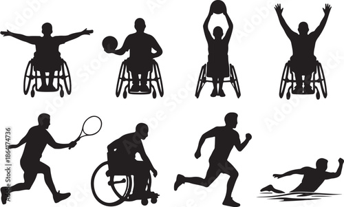 Inclusive sports silhouette illustration, adaptive athlete vector, wheelchair tennis basketball design sketch, running swimming activity outline, fitness diversity graphic, physical exercise art