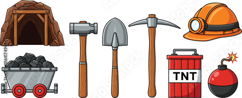 Mining equipment and tools vector set with helmet pickaxe shovel cart explosives and underground cave elements