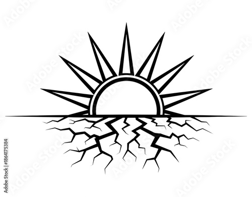 Drought and Extreme Heat Icon. Minimalist Vector Illustration of Intense Sun over Cracked Ground for Global Warming, Climate Change, Water Scarcity, and Environmental Crisis Design.