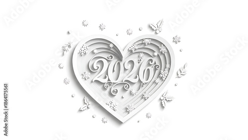 White heart shaped 2026 new year decoration with snowflakes and butterflies