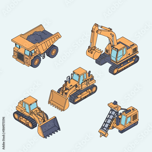 Isometric vector illustration of various heavy construction and mining machinery, including dump trucks, excavators, loaders, and drilling rigs.