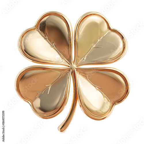 A glistening golden four leaf clover with metallic sheen and detailed textures