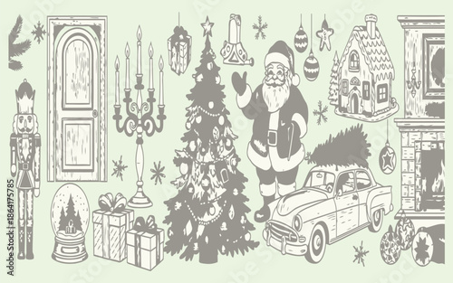 A vibrant, flat vector illustration with a playful and festive Christmas theme, rendered in a stark white silhouette against a rich, solid crimson background. The composition is a joyful, scattered.