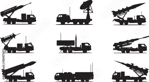 Mobile Missile Launchers and Air Defense Systems Silhouettes Vector Icons, Military Technology, Army, Weaponry, Defense, Security, War, Illustration, Collection