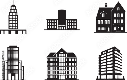 Modern and residential building silhouettes set, urban architecture collection of skyscrapers and houses, black vector illustration of city structures