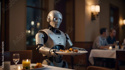 White humanoid robot is seen serving plate of food in luxury restaurant. Food concept