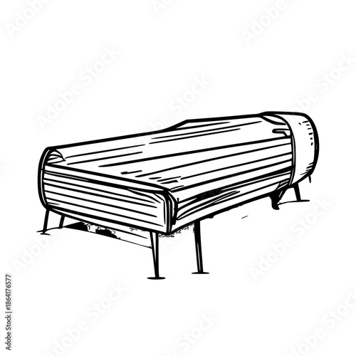 Minimalist portable infrared sauna blanket line art in black on stark white background, clean vector illustration for wellness, spa and home use