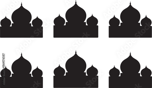Six black silhouette outlines of ornate taj mahal style buildings