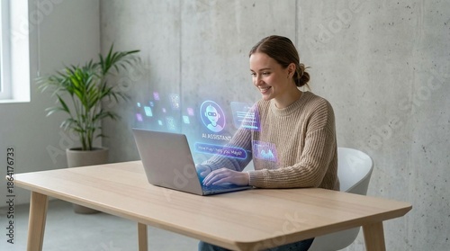 Young woman using AI assistant on laptop screen, futuristic UX, minimal office scene